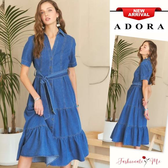 ❤️ADORA Tiered Detail Button Down Tie Waist Short Sleeves Dark Denim Midi Dress - Picture 1 of 8